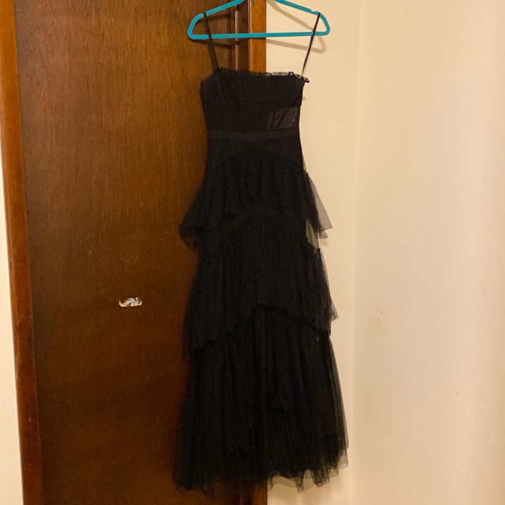 Adam Black Strapless Asymmetrical Ruffled Gown